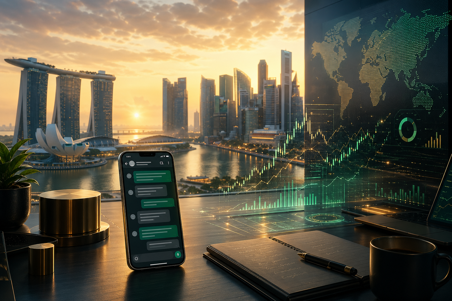 Singapore financial district market briefing desk at sunrise